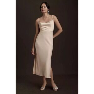 BHLDN Anthropologie Cream Cowl Neck Slip Midi Dress Party Wedding Guest‎ Size 6